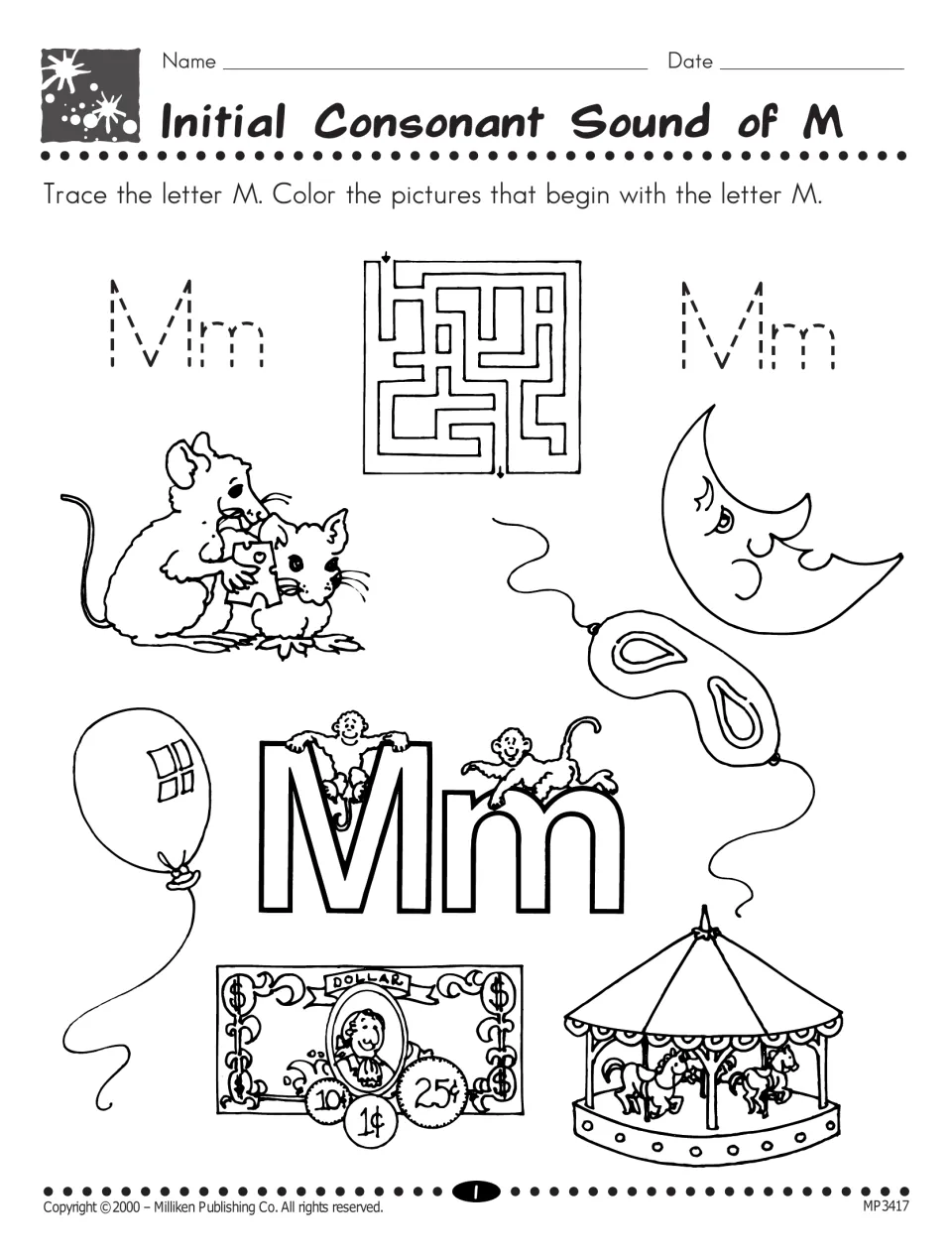 Initial M sound: students trace Mm and color pictures starting with M, such as mouse, moon, mask, money and merry-go-round