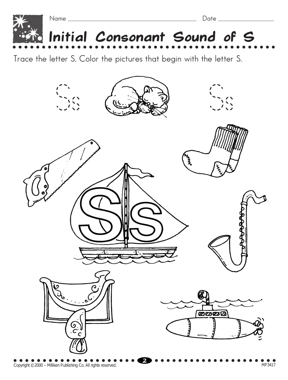 Initial S sound: students trace Ss and color S pictures such as saw, socks, sailboat, saxophone, saddle and submarine