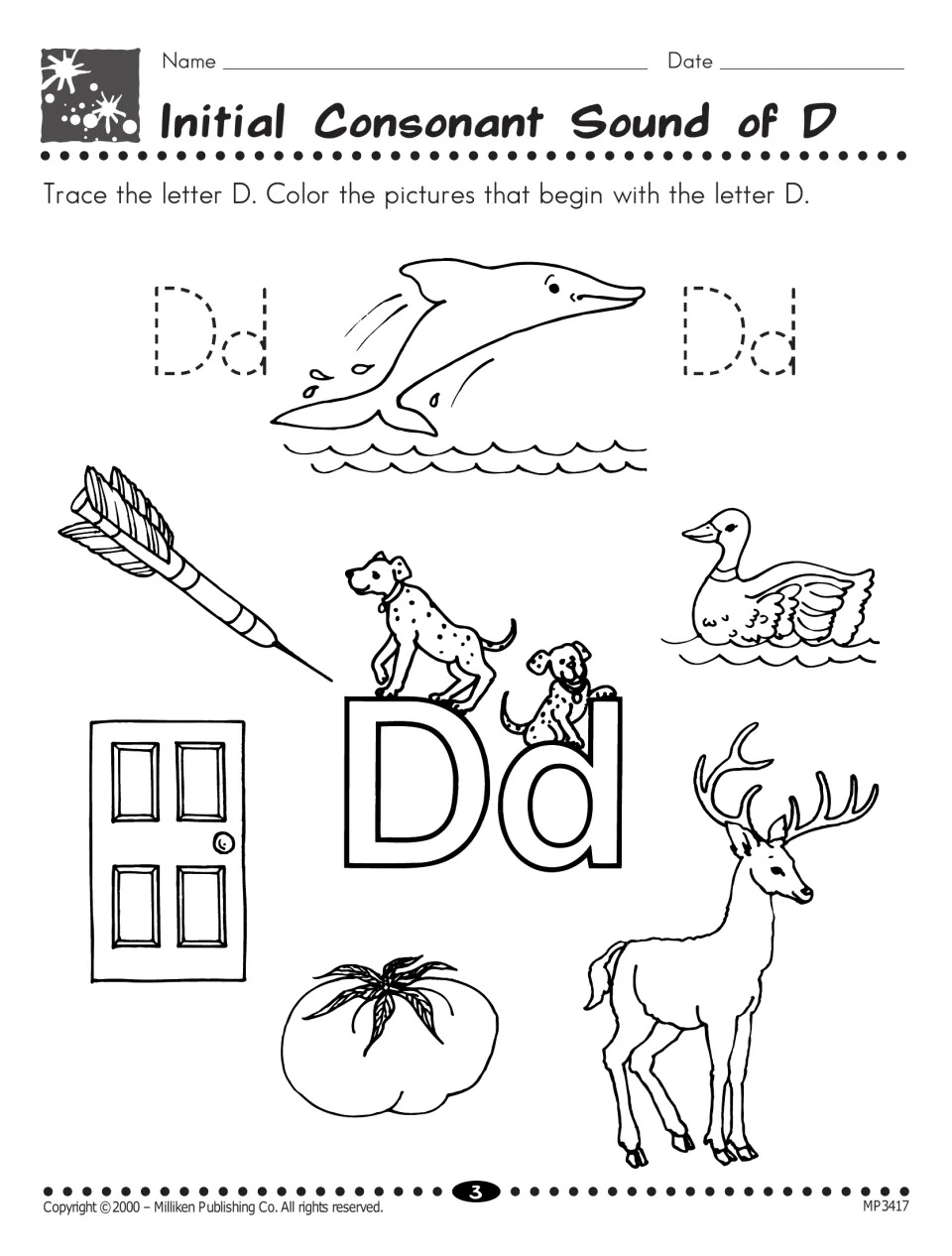 Initial D sound: students trace Dd and color D pictures such as dolphin, dart, duck, door, deer and dogs