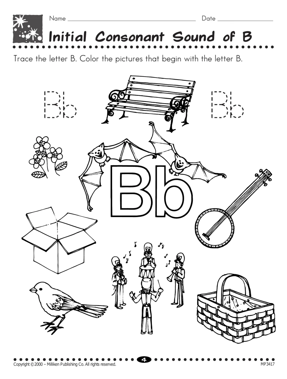 Initial B sound: students trace Bb and color B pictures such as bench, bats, banjo, box, band, bird and basket