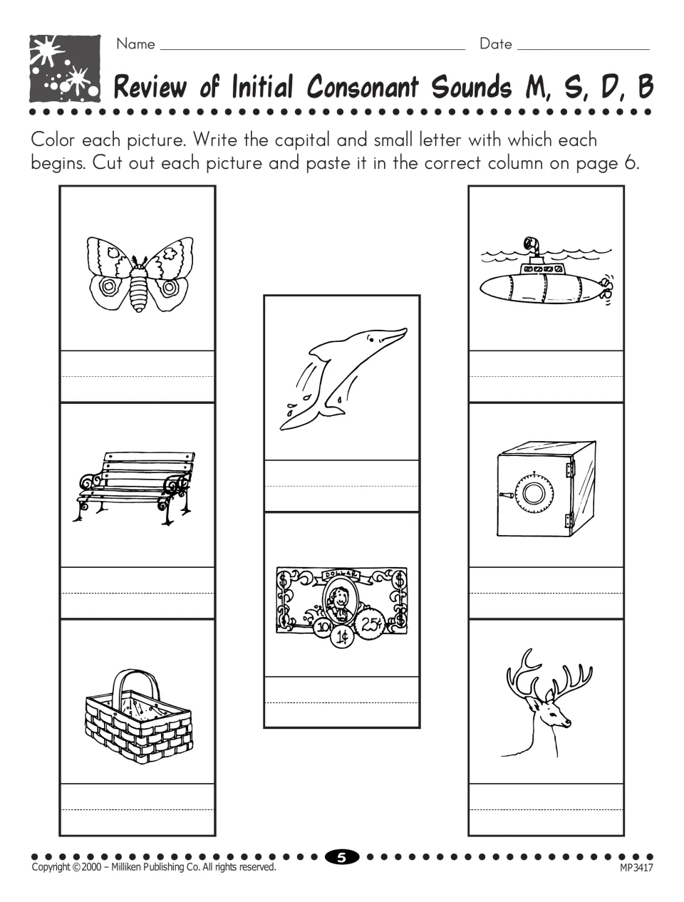 Initial M, S, D, B review: students color 8 pictures, write each starting letter, then cut them out to sort on page 6