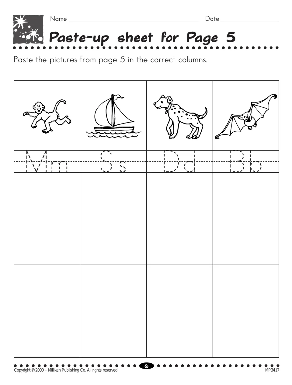 Sorting chart for M, S, D, B: students trace Mm, Ss, Dd, Bb and paste the cut pictures under monkey, sailboat, dog or bat