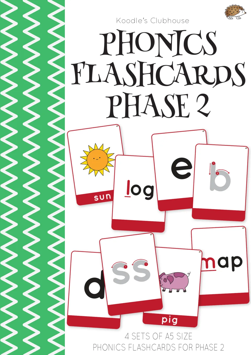 Cover for Koodle's Clubhouse Phase 2 phonics cards: four A5 sets with letters e, b, d, s and words sun, log, map, pig