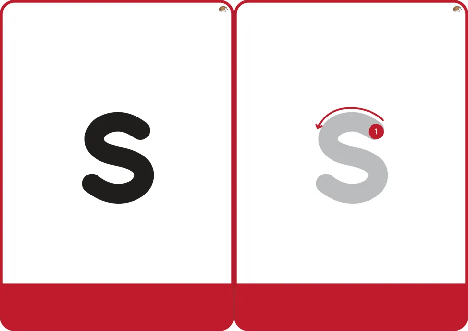 Letter s cards: a bold lowercase s for letter recognition beside a gray s with a numbered arrow showing how to form it