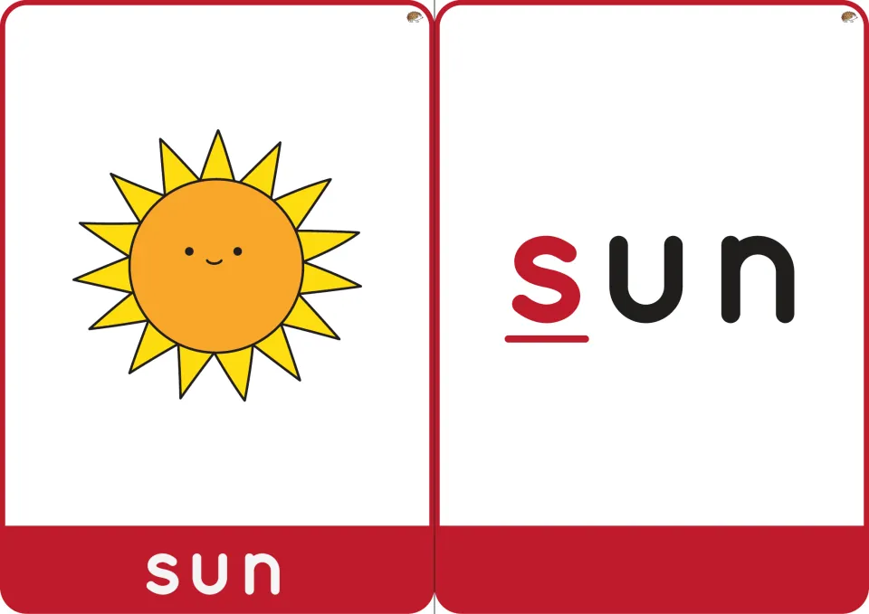 Word sun cards: a smiling sun picture labeled sun beside the word sun with the initial s in red and underlined