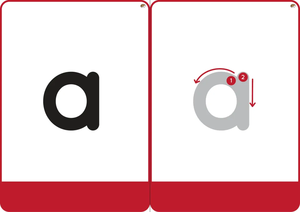 Short vowel flashcards: one bold lowercase a to recognize, then a gray tracing model with red arrows numbered 1 and 2