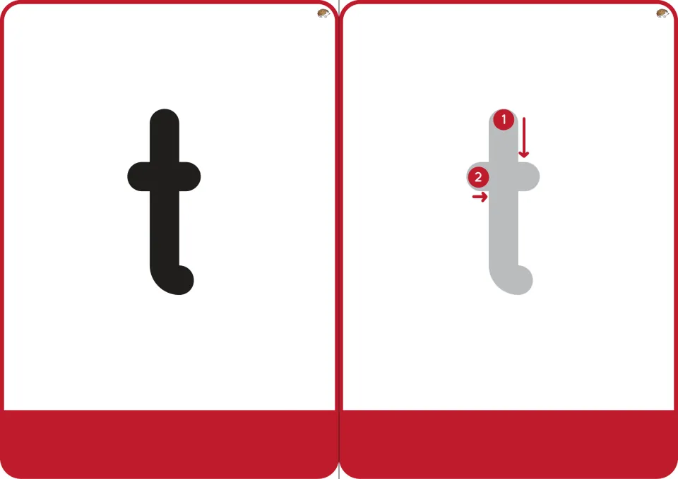 Letter t cards: a bold lowercase t for letter recognition beside a gray t with numbered arrows for its two strokes