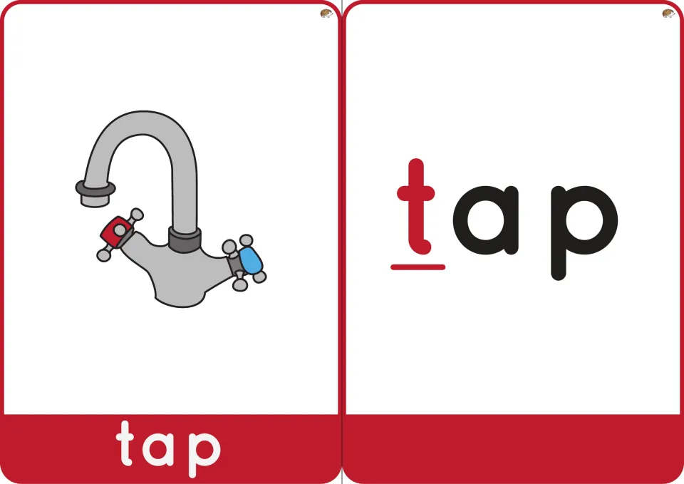 Word tap cards: a picture of a sink tap labeled tap beside the word tap with the initial t in red and underlined