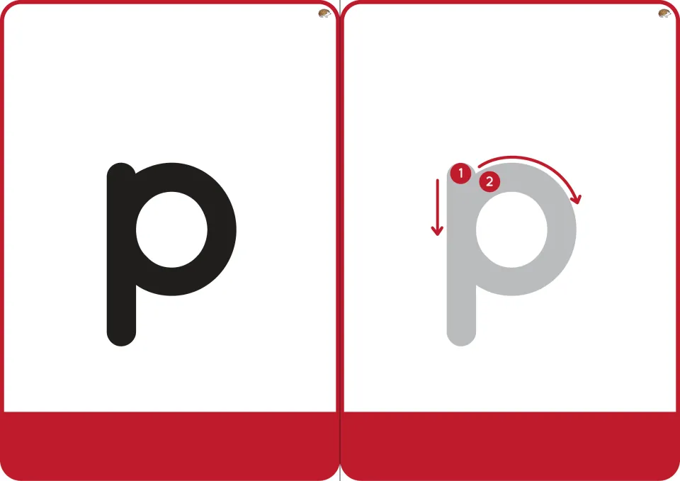 Letter p cards: a bold lowercase p for letter recognition beside a gray p with numbered arrows showing the stroke order