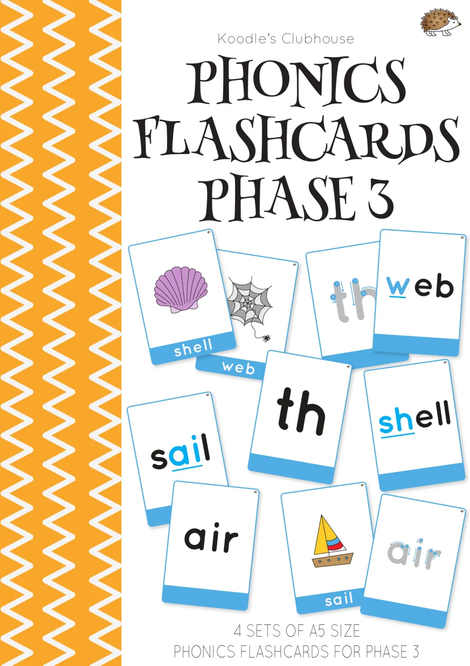 Phonics Flashcards Phase 3 cover: sample cards for th, air, sail, shell and web; 4 sets of A5 phonics cards