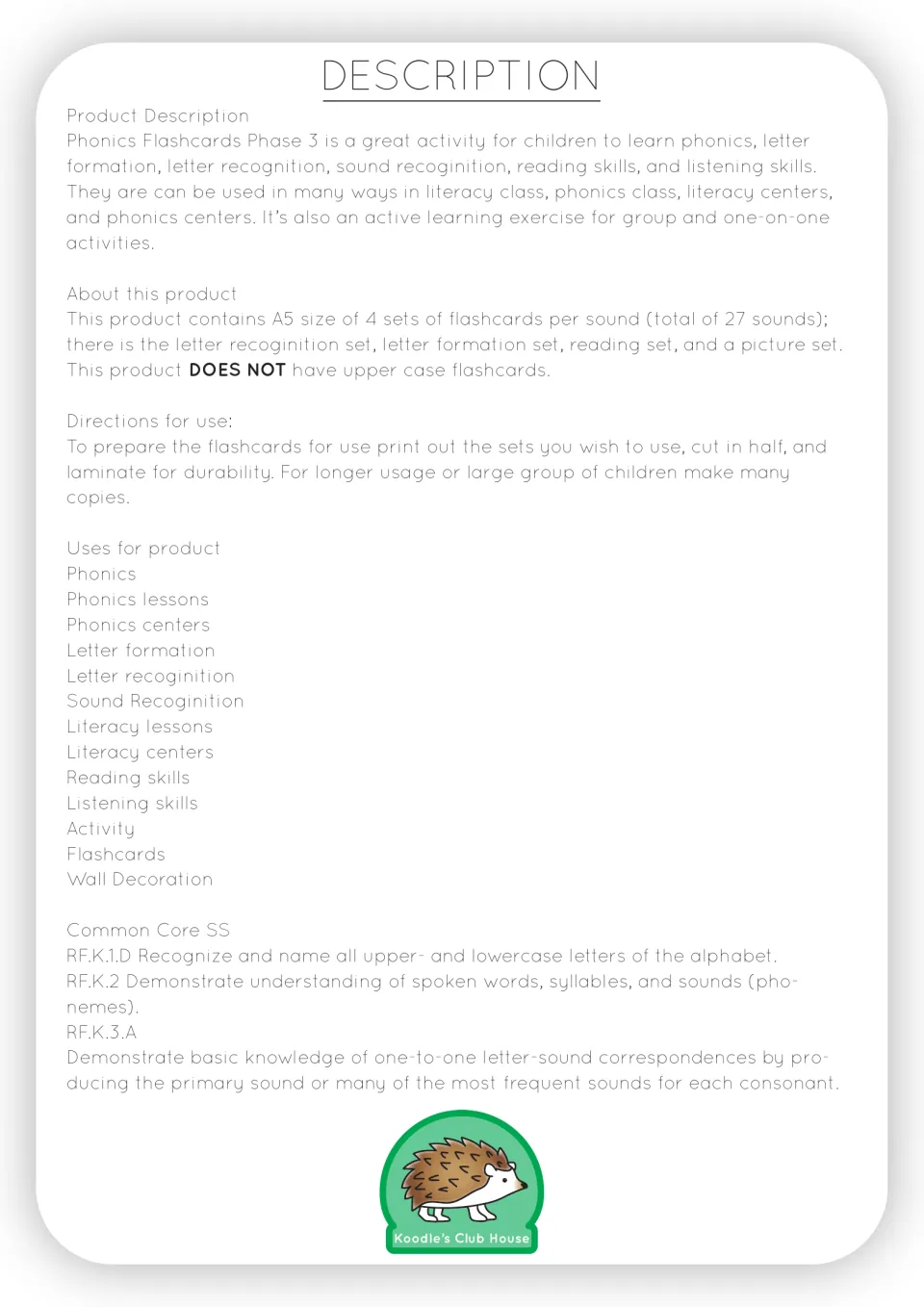 Description of the flashcard sets: letter, letter formation, reading and picture cards for 27 sounds, lowercase only