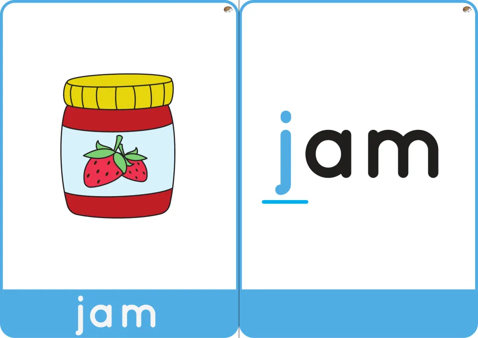 Word cards for jam: a strawberry jam jar picture labeled jam, and the word jam with the initial j underlined in blue