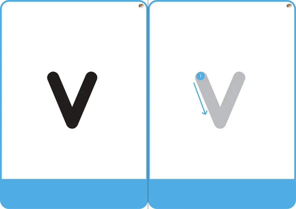 Letter v cards: a bold lowercase v for recognition and a gray v with a numbered arrow showing where to start the stroke
