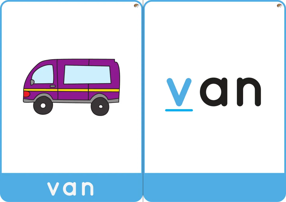 Word cards for van: a purple van picture labeled van, and the word van with the first letter v underlined in blue