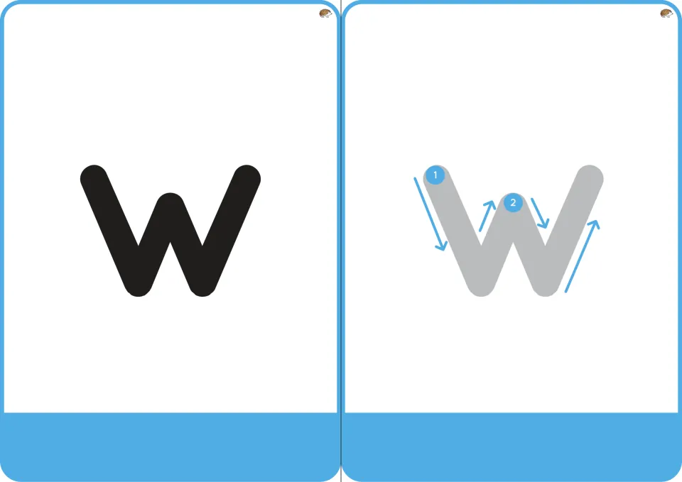 Letter w cards: a bold lowercase w and a gray w with arrows numbered 1 and 2 tracing its down-up-down-up formation