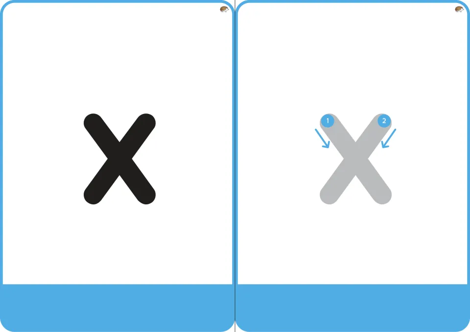 Letter x cards: a bold lowercase x and a gray x with arrows numbered 1 and 2 showing each diagonal stroke to write