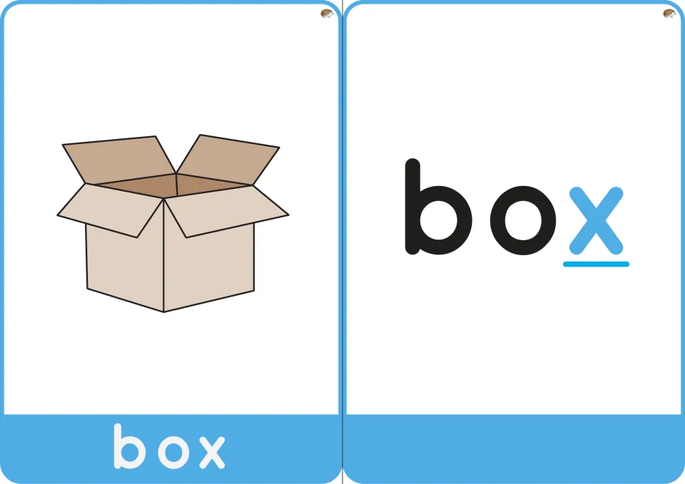 Word cards for box: an open cardboard box picture labeled box, and the word box with the final x underlined in blue