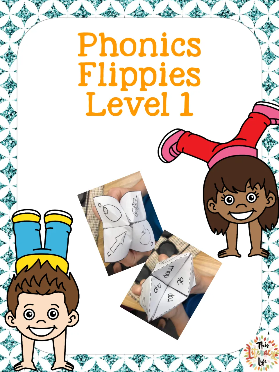 Phonics Flippies Level 1 cover with photos of folded paper fortune tellers showing CVC words such as mop and cup
