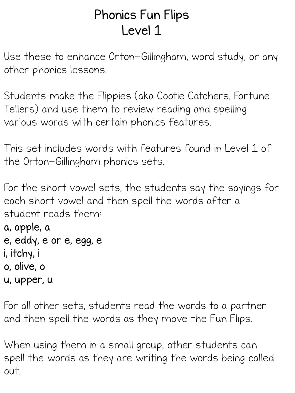 Teacher directions: students make paper fortune tellers to read and spell words, with short vowel sayings like a, apple, a