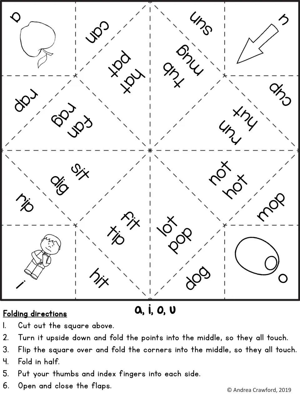 Short vowels a, i, o, u fortune teller: students cut, fold and read CVC words such as hat, sit, mop and mug, then spell them