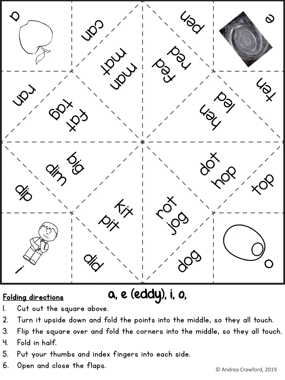 Short vowels with e (eddy): fortune teller of CVC words like man, pen, big and jog for students to fold, read and spell