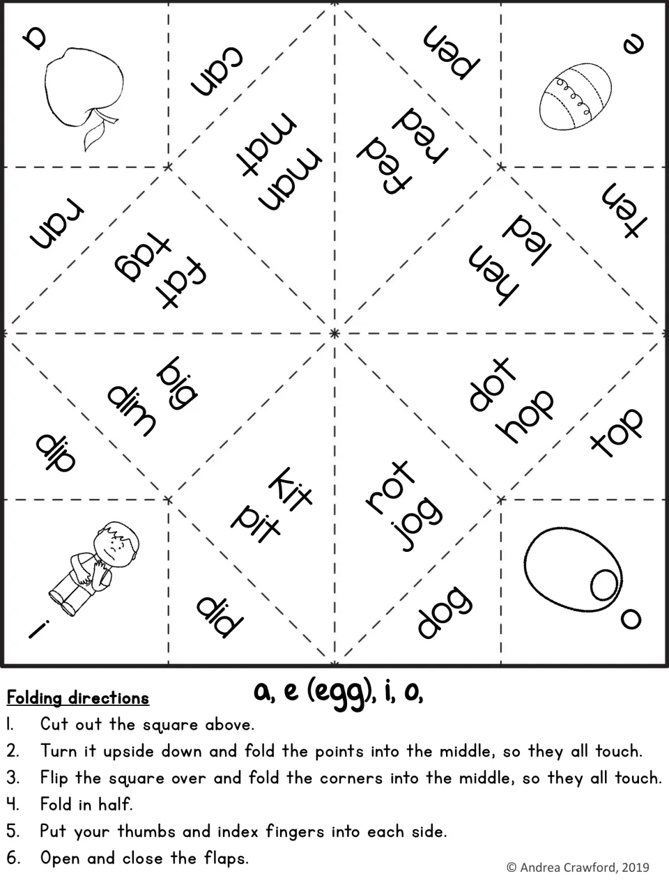 Short vowels with e (egg): fold-up fortune teller of CVC words like fat, hen, kit and dot that partners read and spell