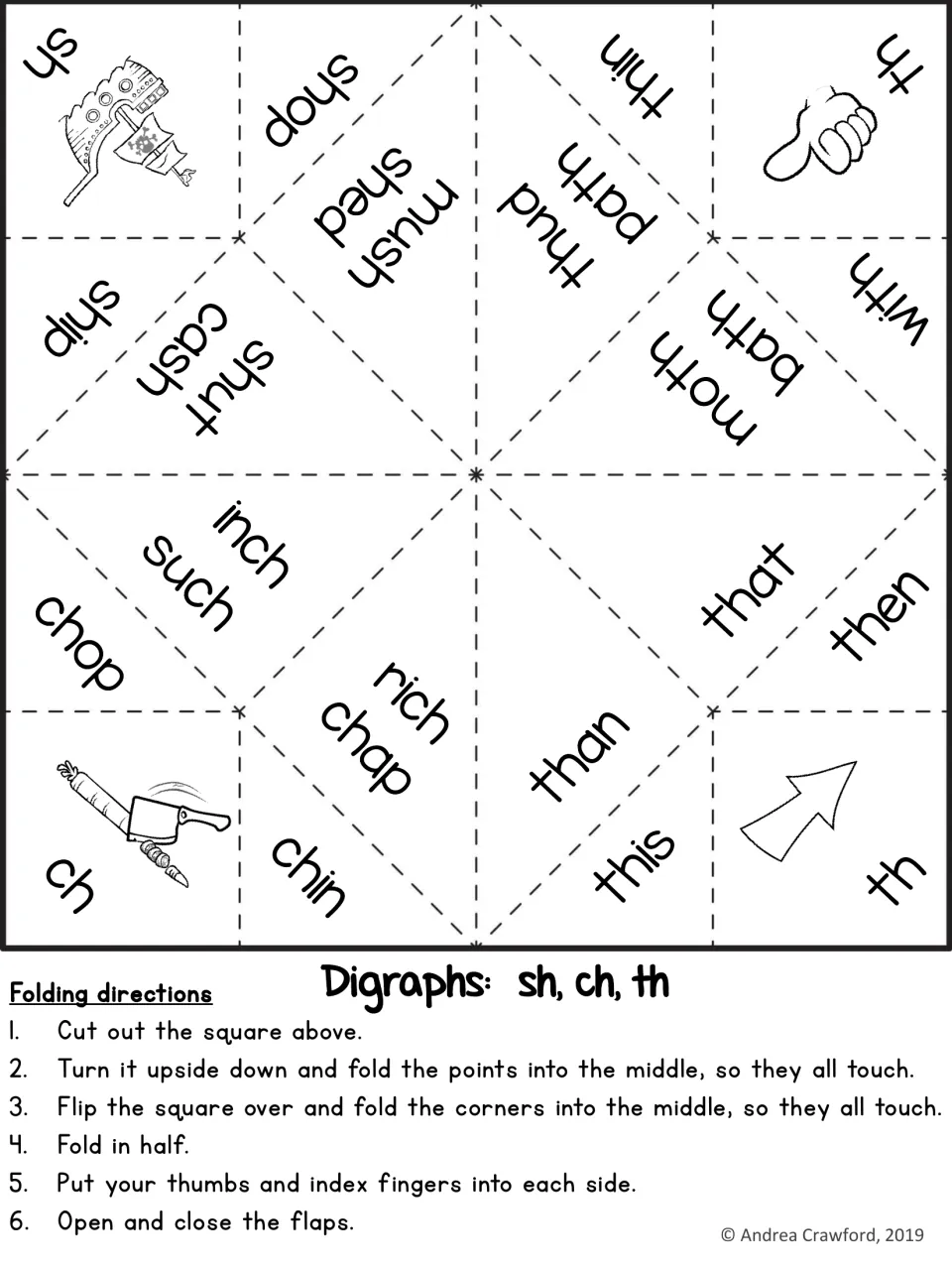 Digraphs sh, ch, th fortune teller: students fold it, then read and spell words such as ship, chop, thin, moth and that