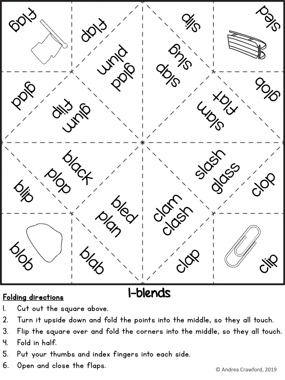 l-blends fortune teller with flag, sled, clip and glass: partners read each word aloud, then spell it as they flip the flaps