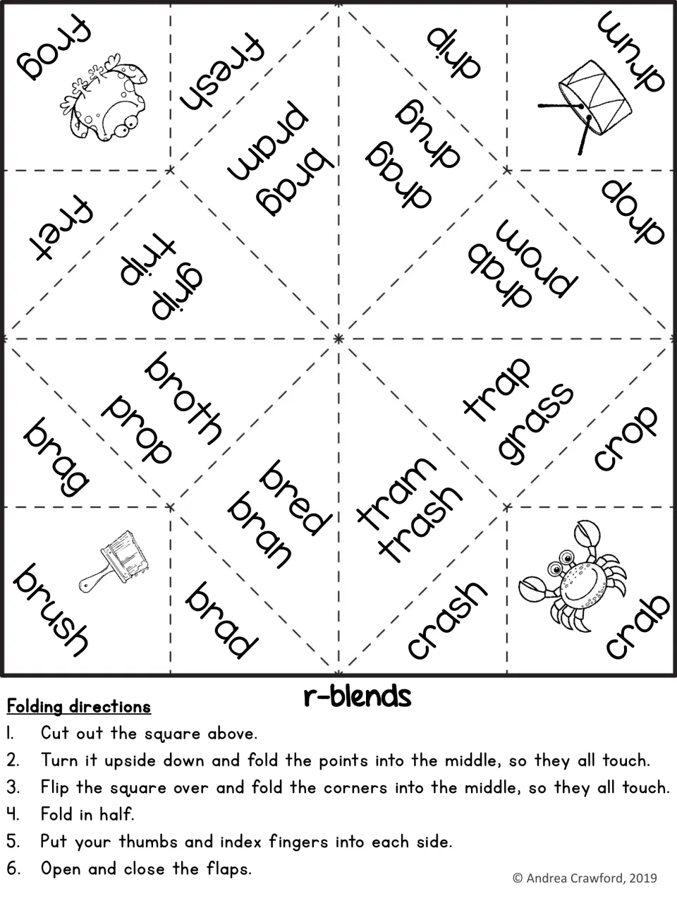 r-blends fortune teller featuring frog, drum, crab and brush: students cut and fold it, then read and spell words like trip