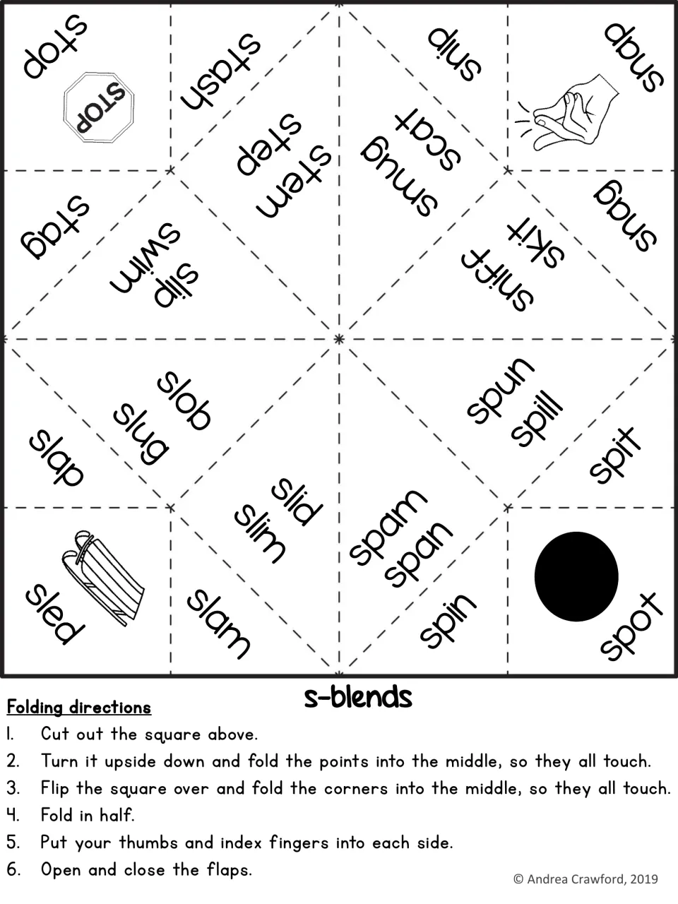 s-blends fortune teller with stop, snap, sled and spot pictures: students fold it to read and spell words like swim and spin