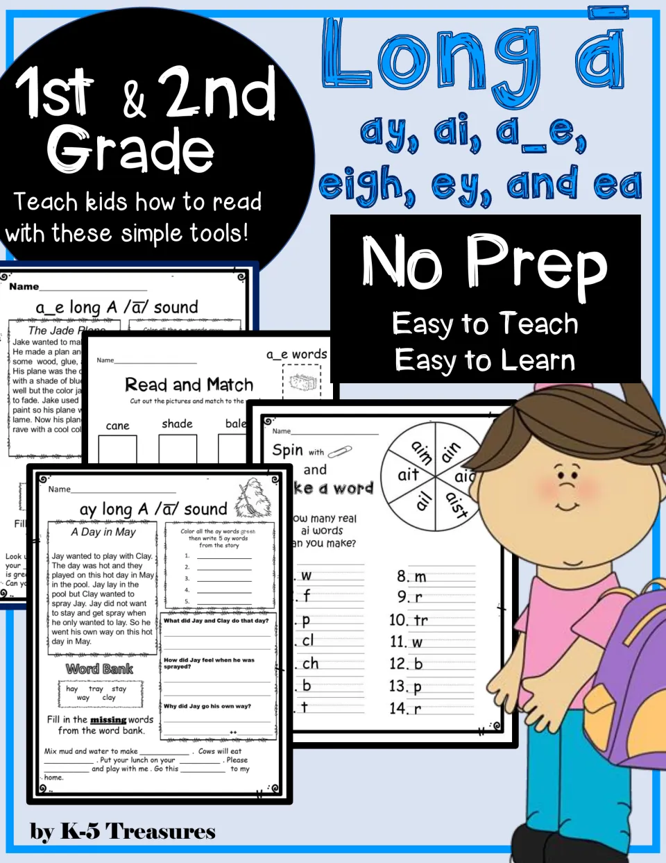 Long a phonics cover for 1st & 2nd grade: ay, ai, a_e, eigh, ey and ea, showing story, match and spinner worksheets