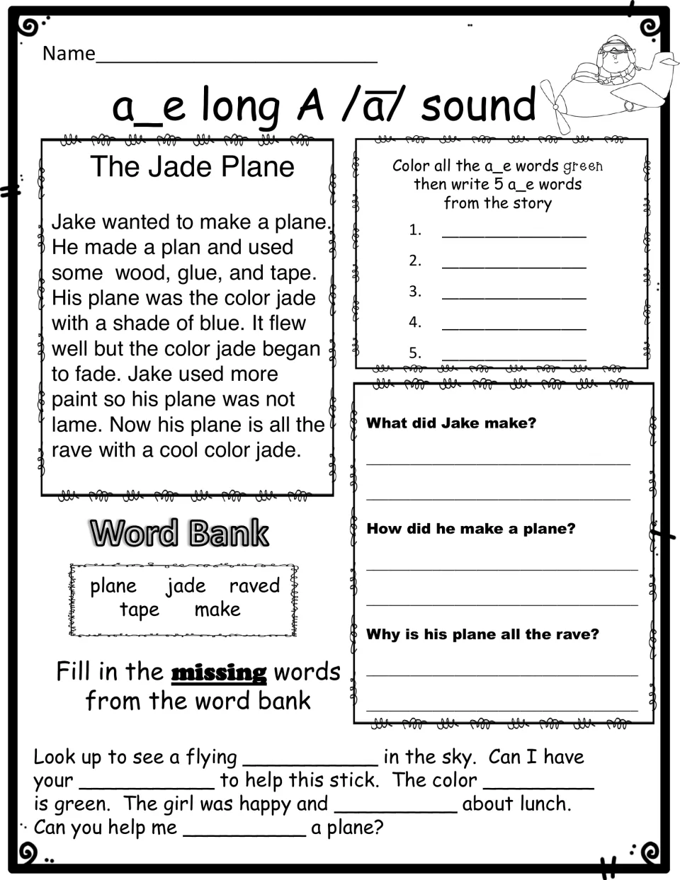 a_e long a story The Jade Plane: students color a_e words, write 5, answer 3 questions and fill blanks from a word bank