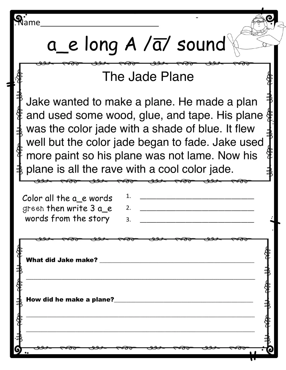 a_e long a reading of The Jade Plane: students color the a_e words, write 3 from the story and answer 2 questions