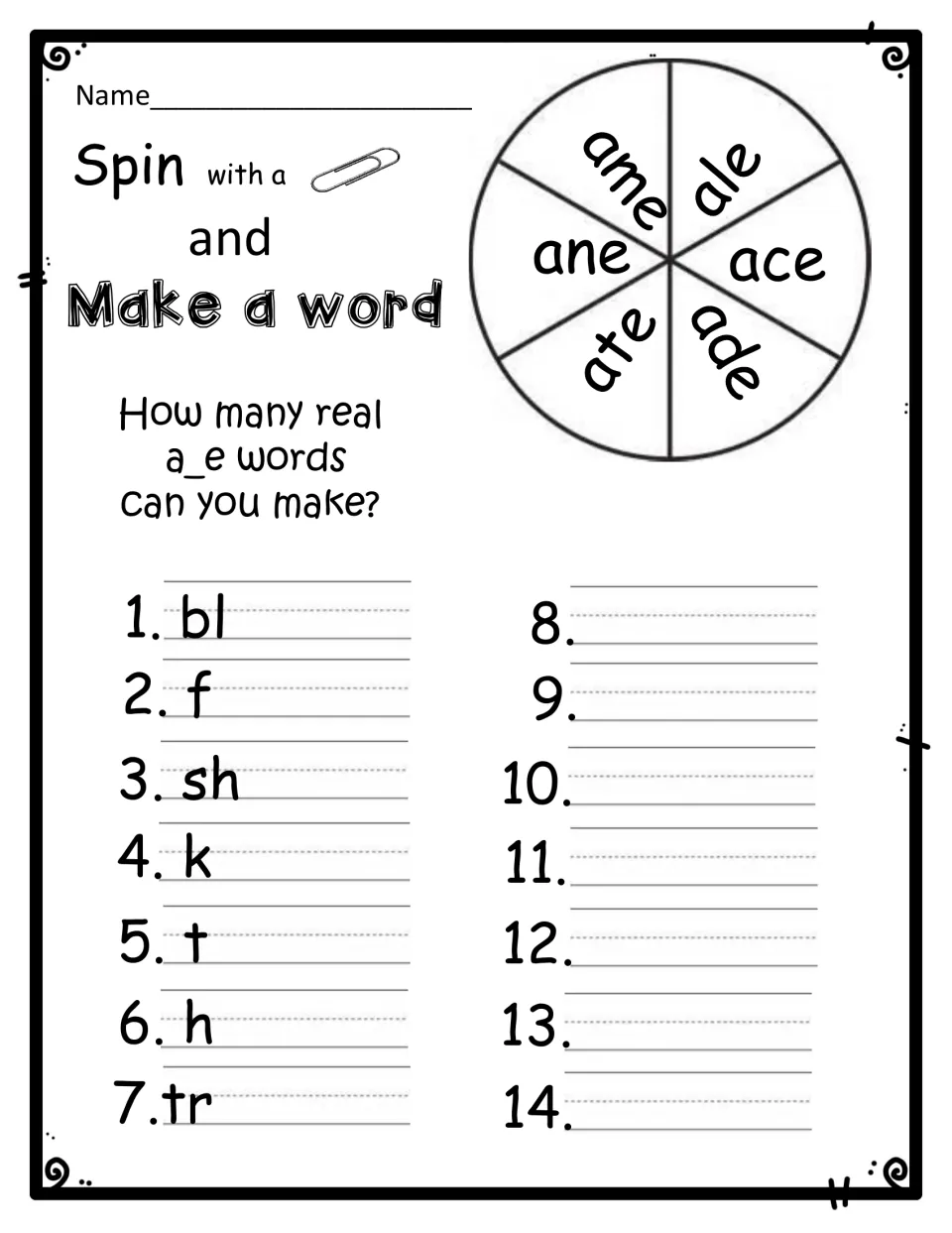 a_e spin and make a word: students spin a paper clip on ame, ale, ane, ace, ate, ade endings to build real a_e words