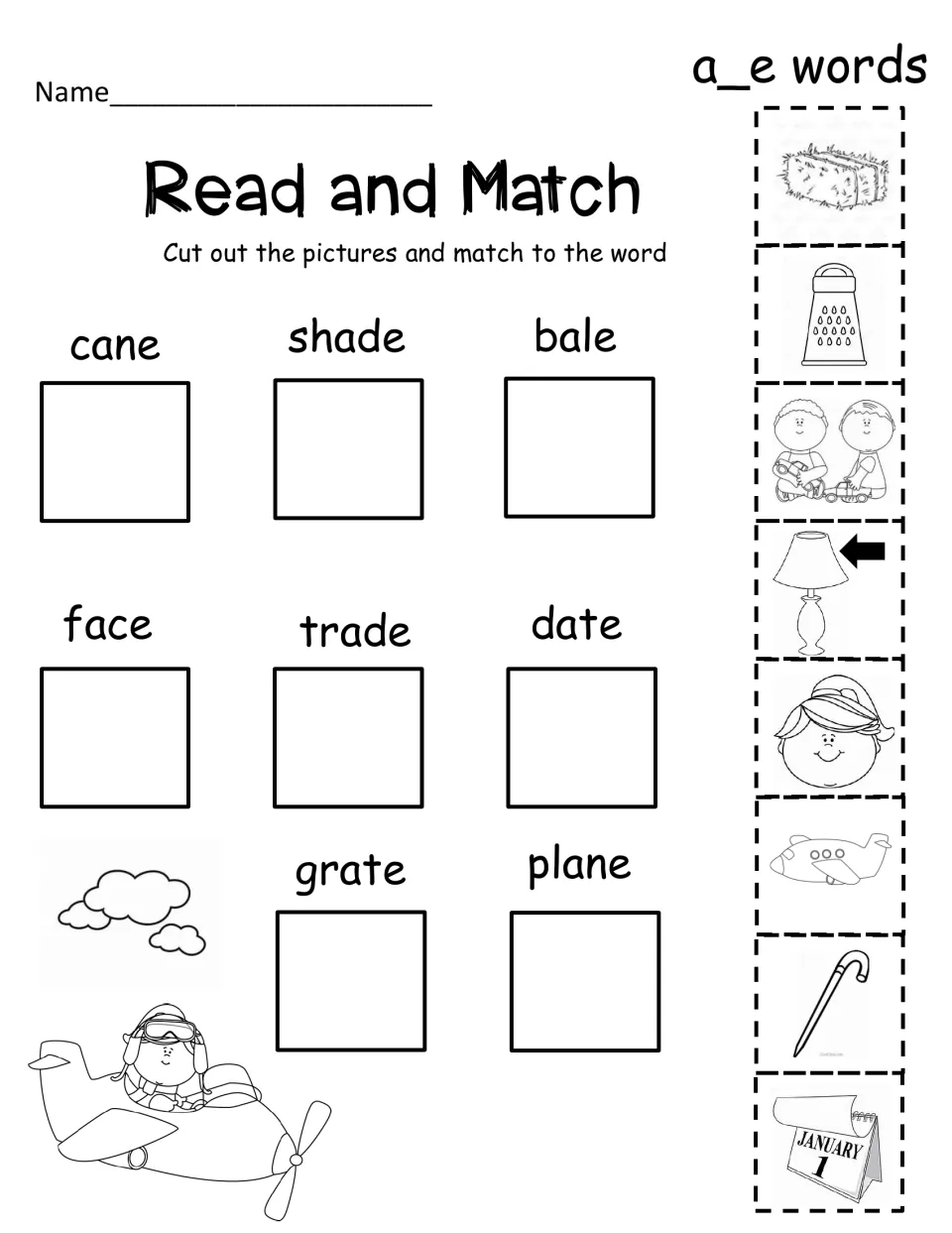 a_e words Read and Match: students cut out 8 pictures to match cane, shade, bale, face, trade, date, grate or plane