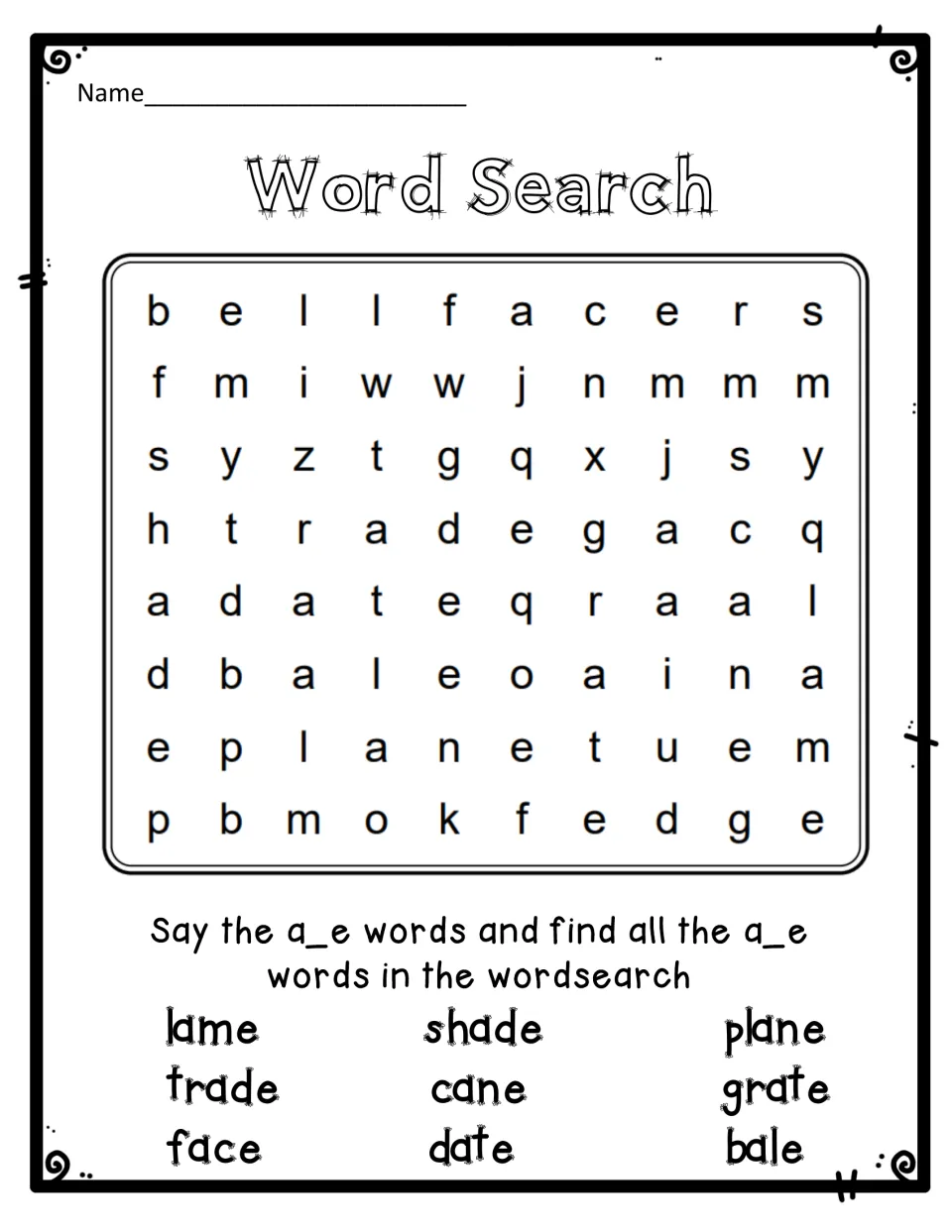 a_e word search: students say and find 9 words, lame, shade, plane, trade, cane, grate, face, date and bale