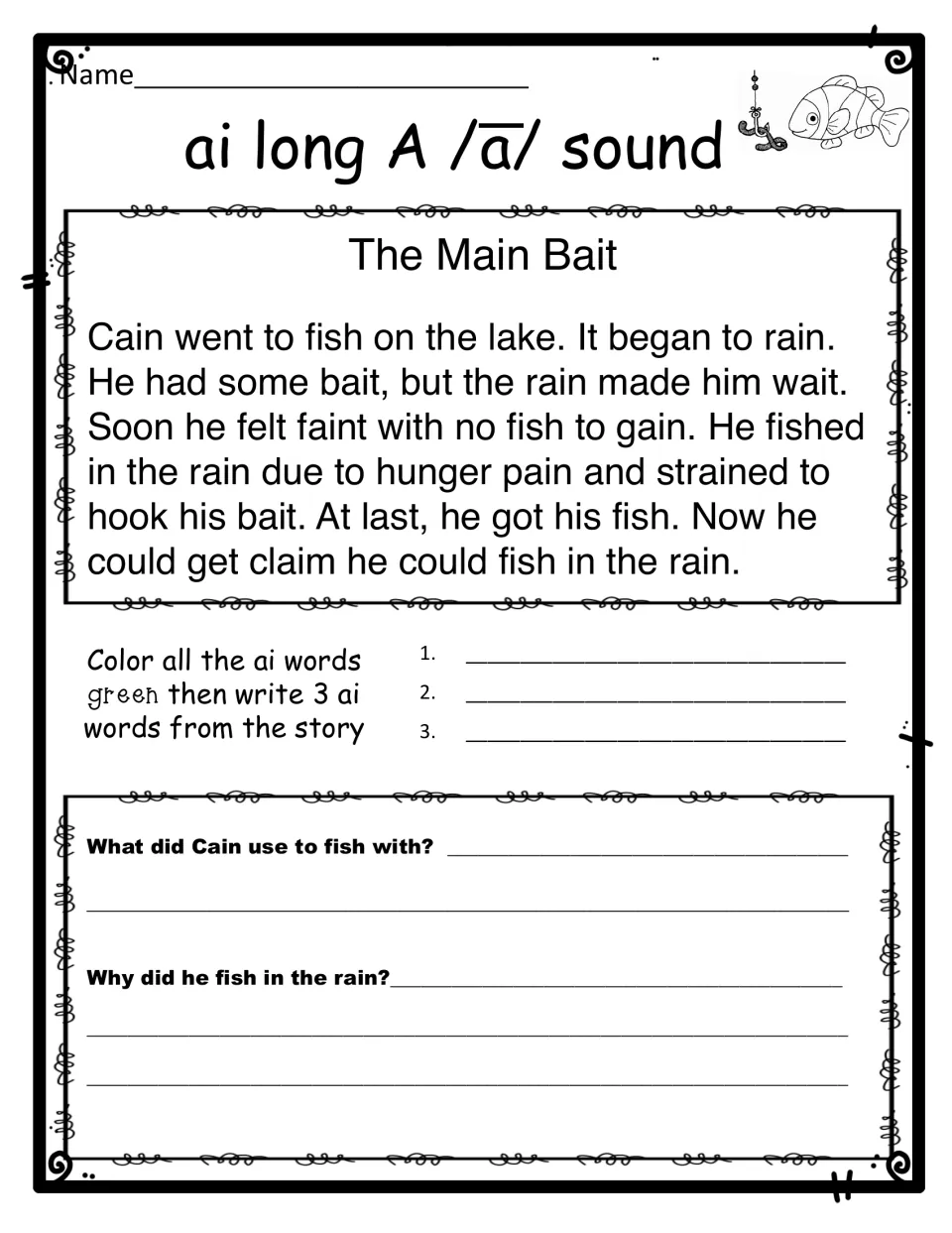 ai long a reading of The Main Bait: students color the ai words, write 3 from the story and answer 2 questions