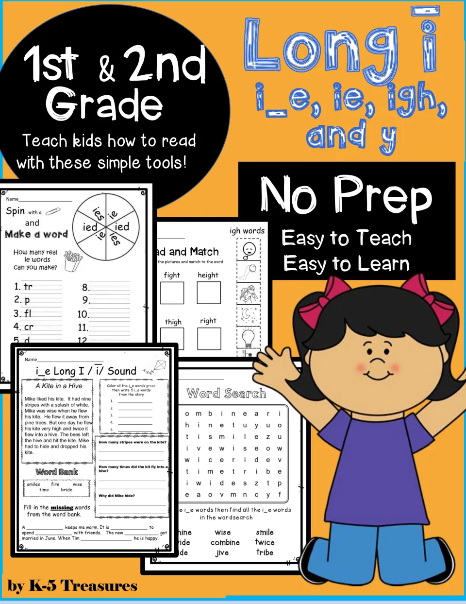Long i cover for i_e, ie, igh and y words by K-5 Treasures, showing a spinner, read-and-match and word search pages