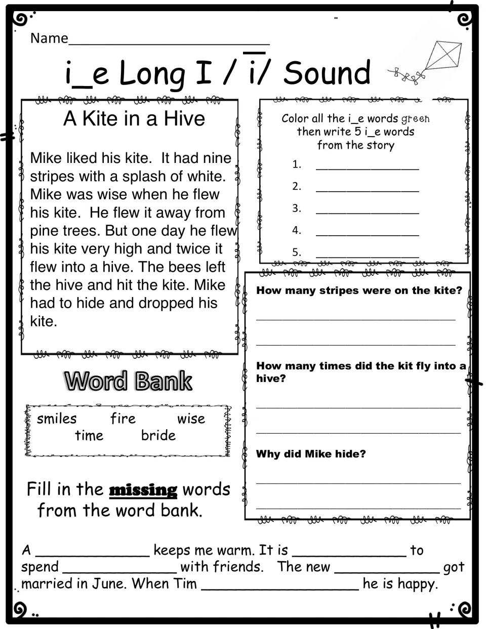i_e long i reading 'A Kite in a Hive': students color and list 5 i_e words, answer 3 questions, fill word-bank blanks