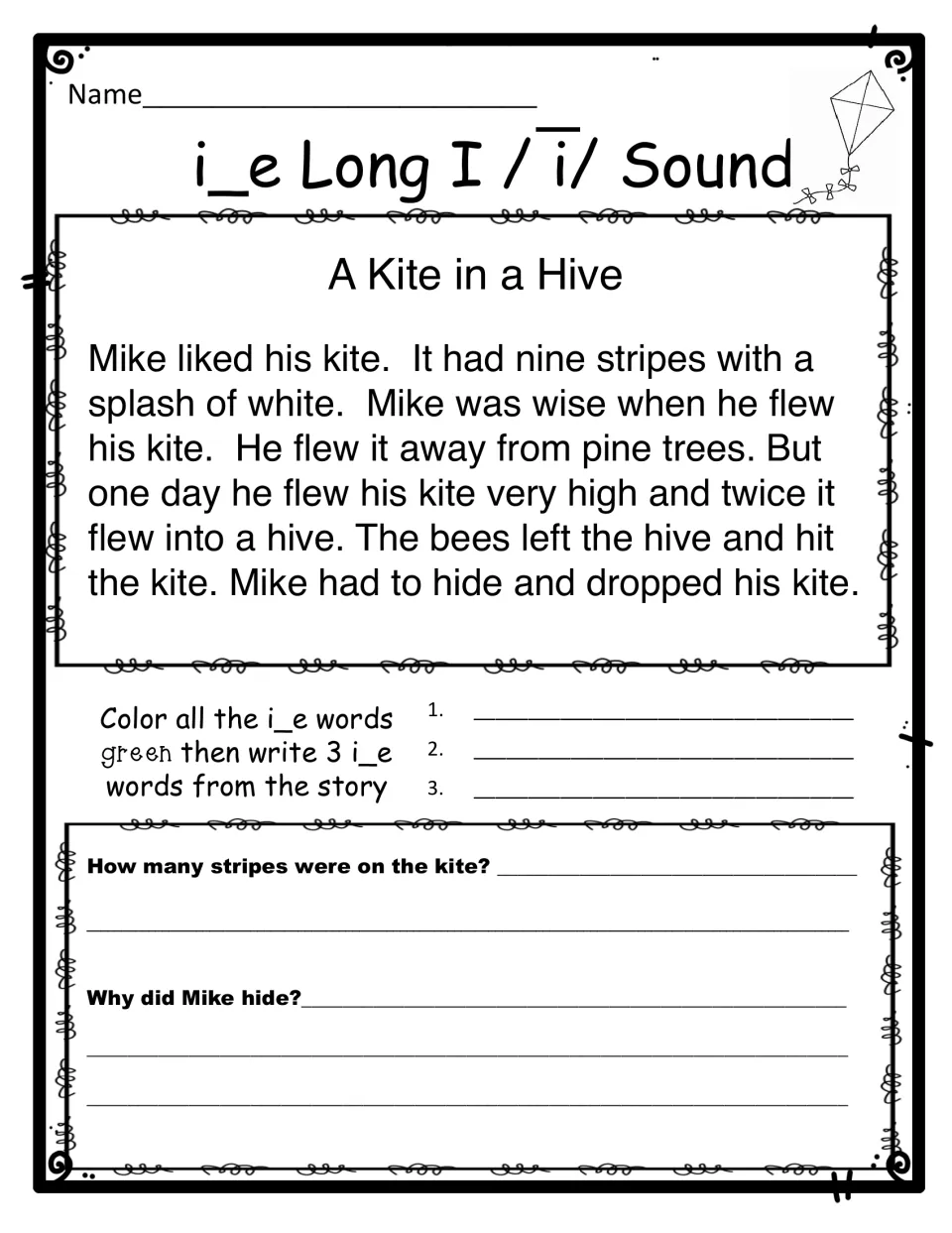 i_e long i story 'A Kite in a Hive', short version: students color i_e words green, write 3 and answer 2 questions