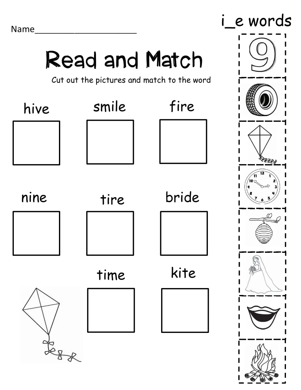 i_e Read and Match: students cut out 8 pictures, such as a tire, clock and bride, and glue each under its word