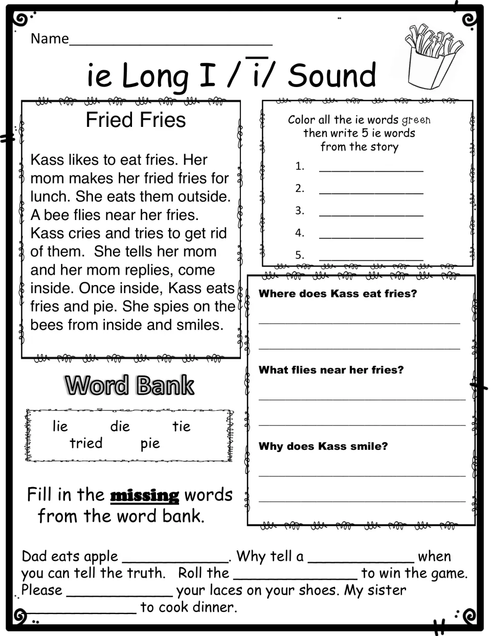 ie long i reading 'Fried Fries': students color and list 5 ie words, answer 3 questions, fill word-bank blanks