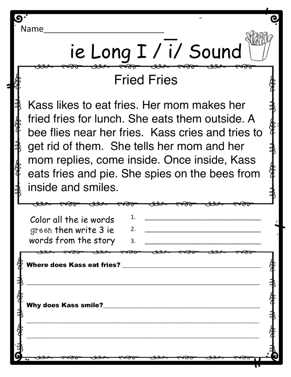 ie long i story 'Fried Fries', short version: students color ie words green, write 3 and answer 2 questions