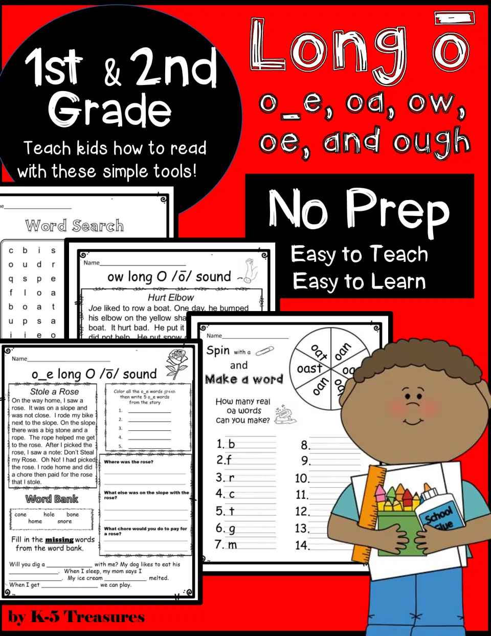 Long O cover for o_e, oa, ow, oe and ough words, previewing a word search, Stole a Rose story page and oa word spinner