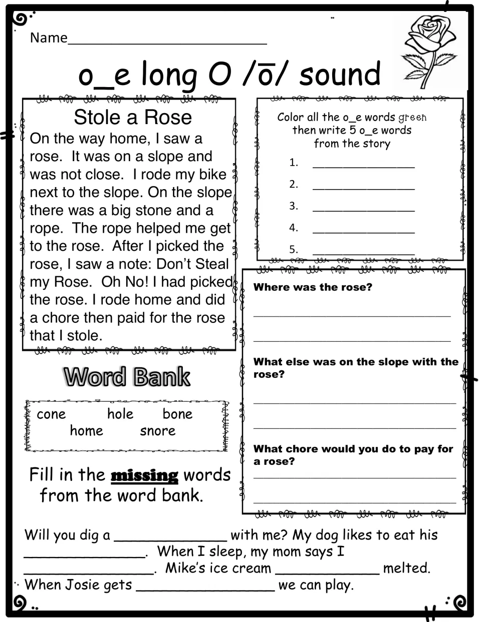 o_e story Stole a Rose: students color o_e words, write 5, answer 3 questions and fill blanks from a word bank