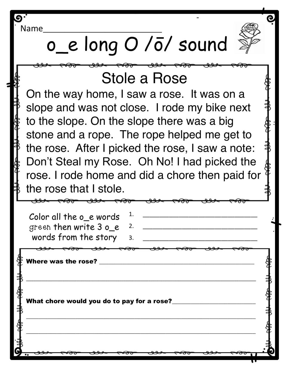 Stole a Rose, shorter version: students color o_e words green, write 3 from the story and answer 2 comprehension questions