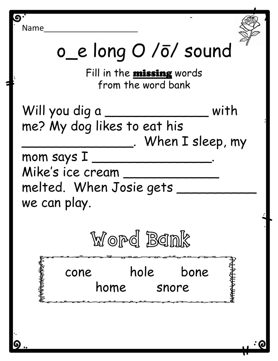 o_e word bank cloze: students fill 5 sentence blanks using cone, hole, bone, home and snore