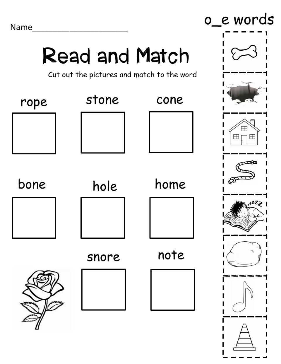 o_e Read and Match: students cut out 8 pictures, such as bone, home and note, and glue each under its matching word