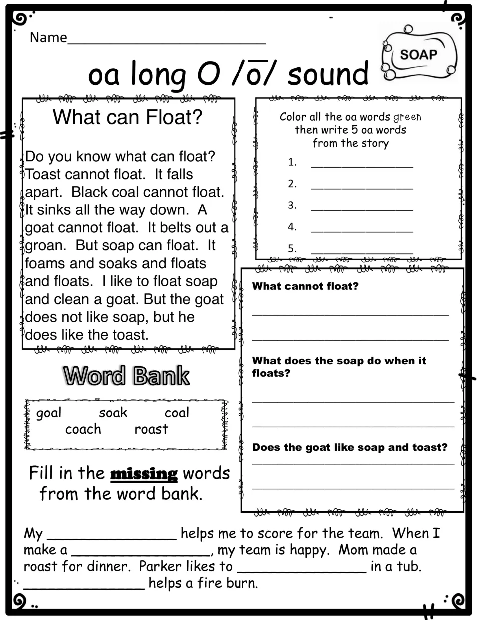 oa story What can Float?: students color oa words, write 5, answer 3 questions and fill blanks with goal, soak and coal