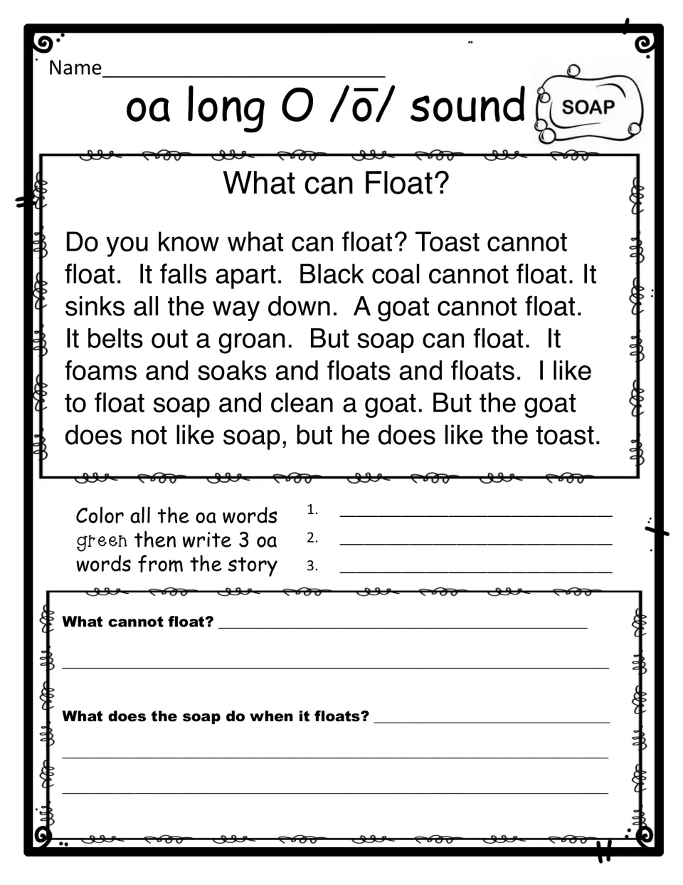 What can Float?, shorter version: students color oa words green, write 3 from the story and answer 2 questions